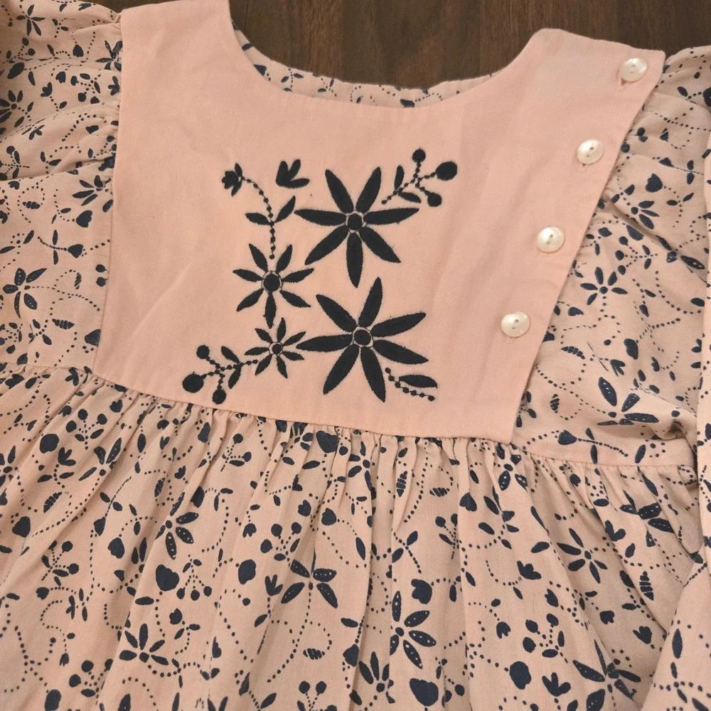 Lali Kids Girls Nova Peach Navy Floral Tiered Cotton Embroidered Dress‎ Size 6